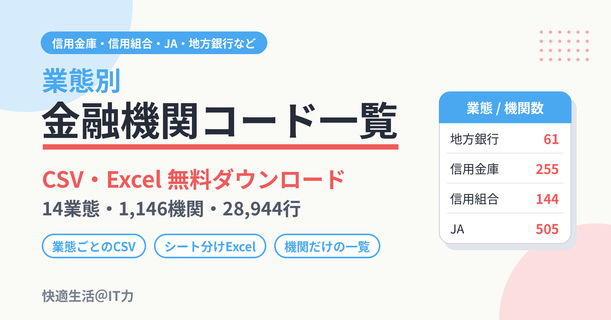 業態別 金融機関コード一覧 CSV・Excel 無料ダウンロード（14業態・1,146機関・28,944行）