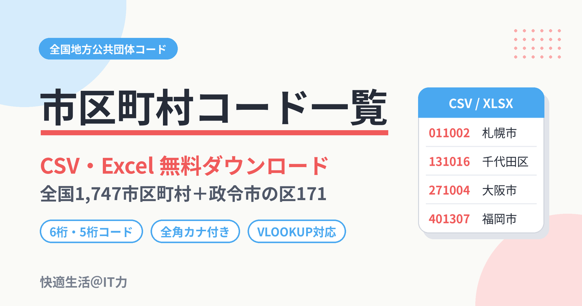 市区町村コード一覧 CSV・Excel 無料ダウンロード（全国1,747市区町村）